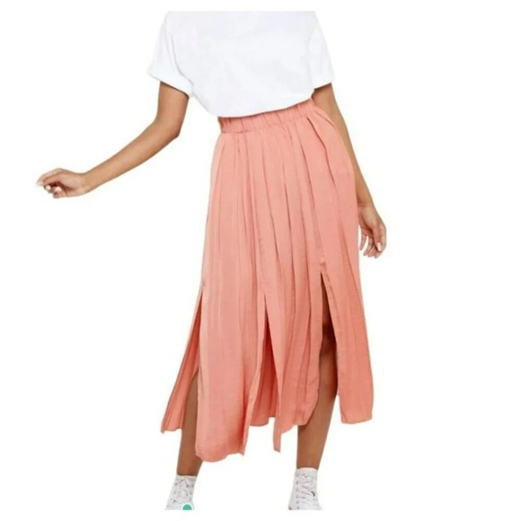 Topshop Dresses & Skirts - Topshop Skirt Women's Sz 12 Pink Pleated Crushed Satin Midi High-Rise Pull-On